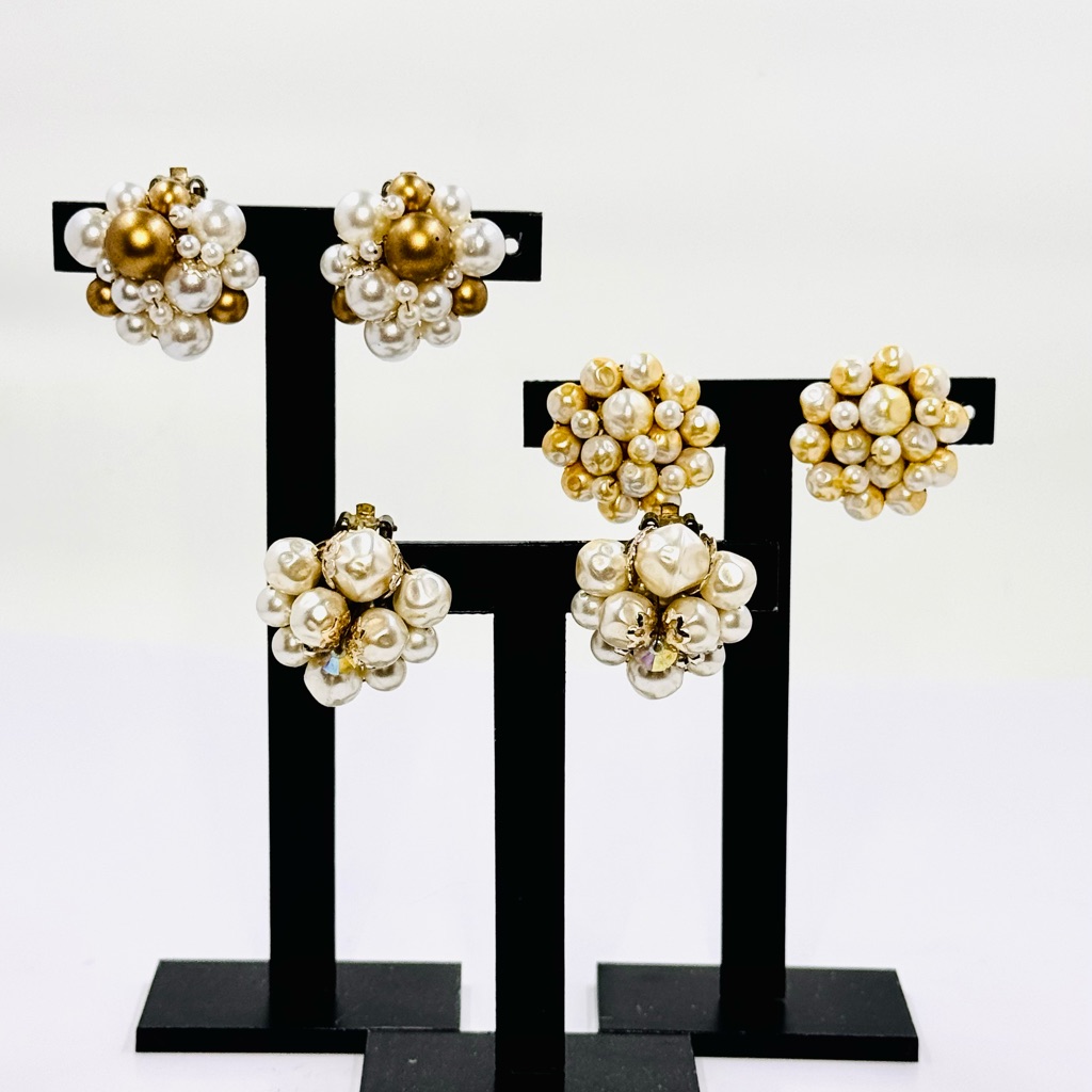 Vintage All Signed Japan Gold White Pearl Cluster Clip On Earrings 3 Sets 59$